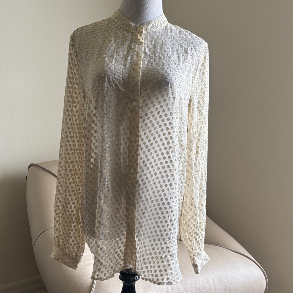 Equipment Ivory Dot-Textured Mandarin Collar Button-Down Blouse